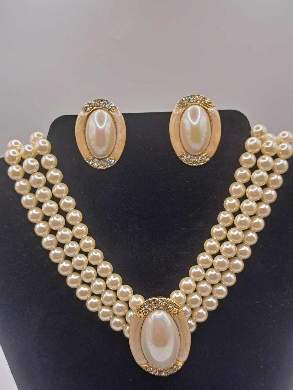 Pearl Multi-Strand Necklace & Earrings Set - Gold Tone